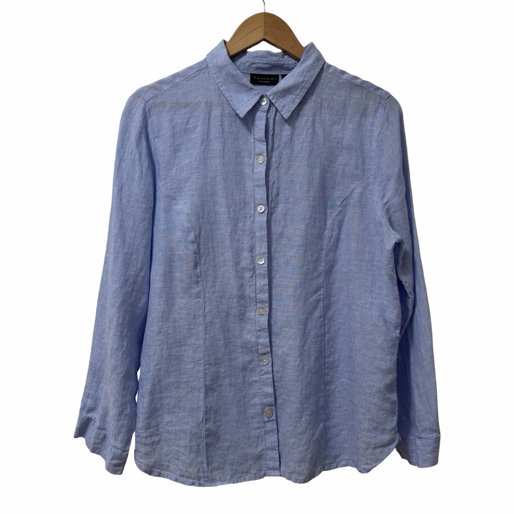 Tahari Womens Linen‎ Paneled Long Sleeve Sleeve Top Size L Blue Coastal Resort